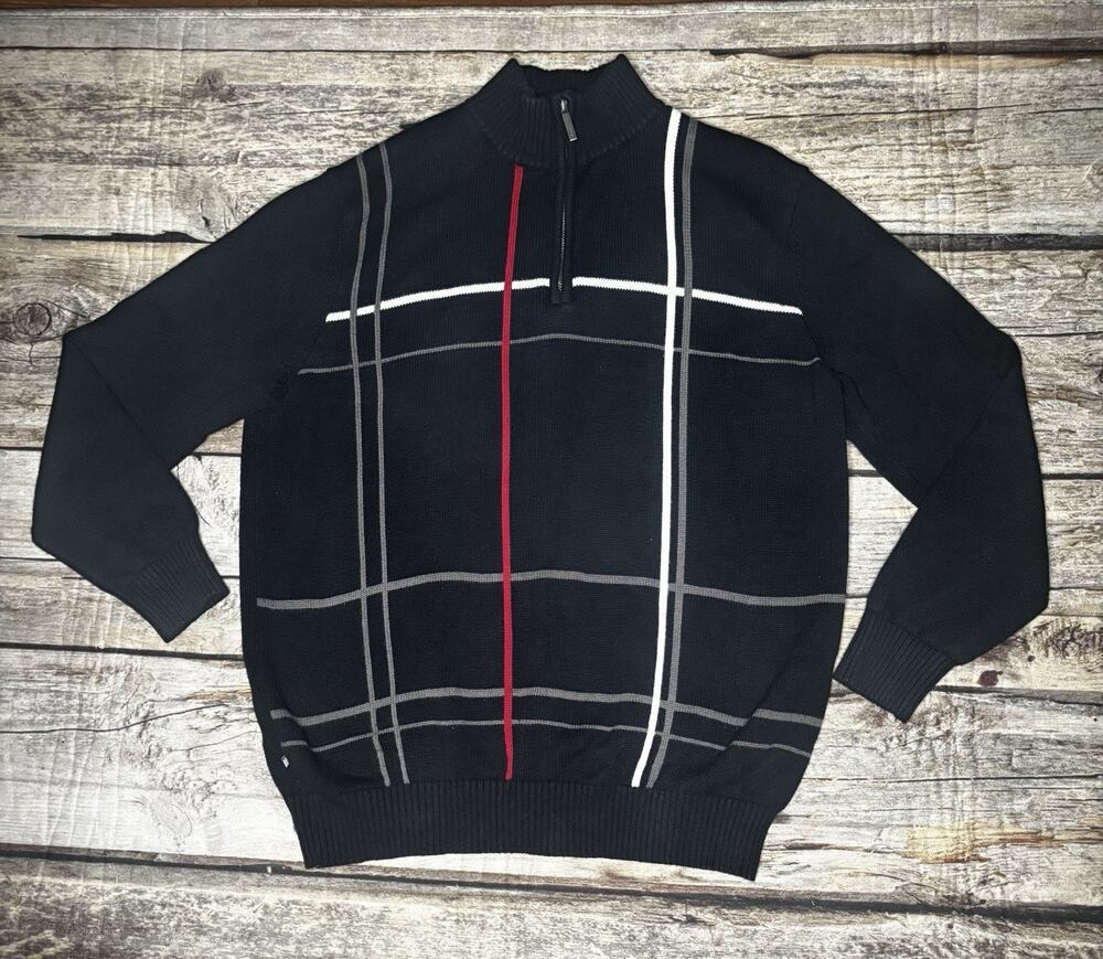 Geoffrey Beene Mens Large 1/4 Zip Sweater Black Cotton Plaid Windowpane Grid